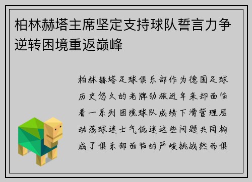 柏林赫塔主席坚定支持球队誓言力争逆转困境重返巅峰