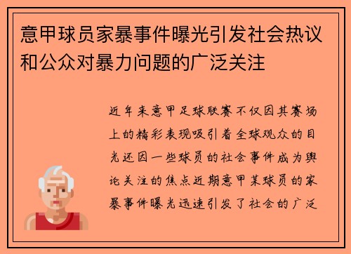 意甲球员家暴事件曝光引发社会热议和公众对暴力问题的广泛关注