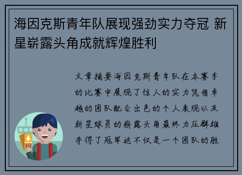 海因克斯青年队展现强劲实力夺冠 新星崭露头角成就辉煌胜利