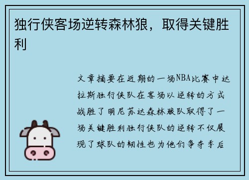 独行侠客场逆转森林狼，取得关键胜利