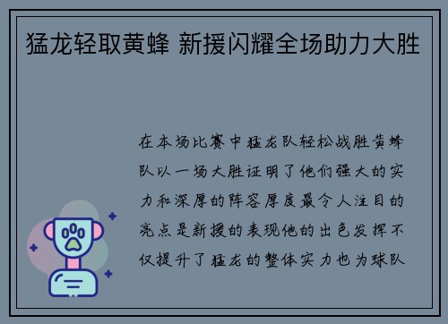 猛龙轻取黄蜂 新援闪耀全场助力大胜