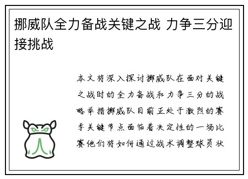 挪威队全力备战关键之战 力争三分迎接挑战